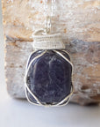 Handcrafted sapphire necklace for men, front view – artisan 925 sterling silver wire wrapping, genuine blue crystal pendant, September birthstone.