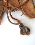 Australian boulder opal pendant for men on brown leather cord – artisan bronze copper wire wrapping, natural stone jewelry.