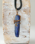 Back view of handcrafted lapis lazuli point necklace for men – natural stone and wire wrapping, alternative September birthstone, antique bronze copper.