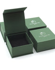 Branded Designs by Nature Gems jewelry box packaging for minimalist emerald necklace in sterling silver.