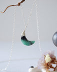 Emerald moon necklace for women with natural faceted emerald crescent pendant in 925 sterling silver, detailed front view