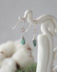 Side view of emerald sterling silver drop earrings showing wire wrapped natural faceted emerald, artisan craftsmanship, on a display – Designs by Nature Gems