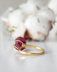 Back view of pink ruby adjustable ring showing 14k gold vermeil open band — adjustable crystal ring fits US sizes 4 to 10