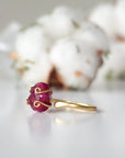 Right side view of raw pink ruby adjustable ring showing 14k gold vermeil band and stone setting — minimalist natural crystal ring for women