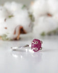 Right side view of raw pink ruby adjustable ring showing sterling silver band and stone setting — minimalist natural crystal ring for women