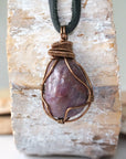 Large polished raw ruby necklace for men with antique bronze wire wrapped pendant on black leather cord — handmade crystal jewelry by Designs by Nature Gems