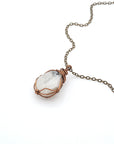 Handmade rainbow moonstone necklace in antique bronze copper wire wrapping with natural polished-raw June birthstone pendant