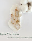 Three raw Herkimer diamond pendants in 14k gold filled, showing natural variation in size, shape, and clarity. Handcrafted April birthstone jewelry by Designs by Nature Gems.