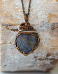 Raw sapphire necklace on an antique bronze cable chain — antique bronze and dark silver wire wrap, handcrafted crystal jewelry by Designs by Nature Gems