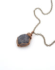 Raw sapphire necklace handcrafted in antique bronze wire wrap on an antique bronze cable chain — September birthstone jewelry by Designs by Nature Gems