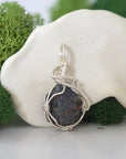 Right side detail of raw sapphire crystal pendant — intricate 925 sterling silver wire weaving technique, handcrafted artisan wire wrapped jewelry, Designs by Nature Gems