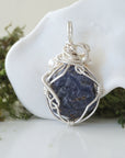 Back detail of silver wire wrapped sapphire and freshwater pearl pendant necklace, handcrafted gemstone jewelry