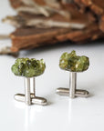 Detail angle of peridot cufflinks for men — multiple genuine raw peridot stones clustered on white gold finish face, handcrafted August birthstone crystal cufflinks