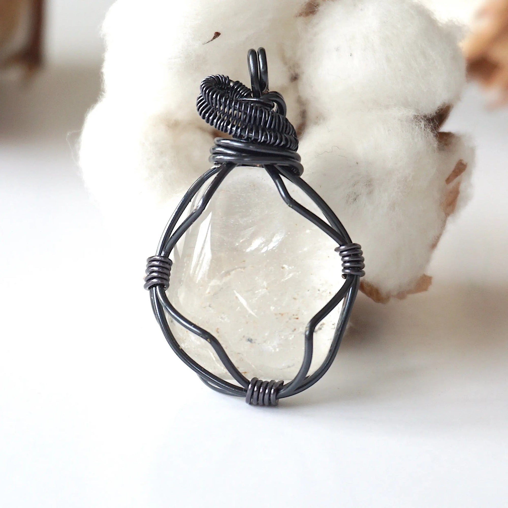 Front angle close-up of clear quartz pendant – detailed gunmetal copper wire wrapping, natural crystal, April birthstone.