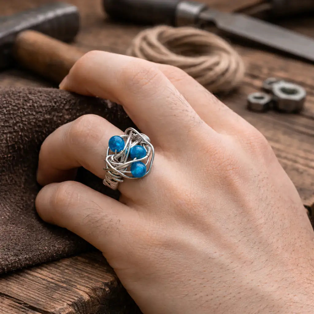 Hand wearing a silver ring with blue stones on a wooden surface with tools.