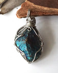 Back view of handcrafted peacock ore pendant for men – natural stone and detailed wire wrapping, Capricorn and Cancer birthstone.
