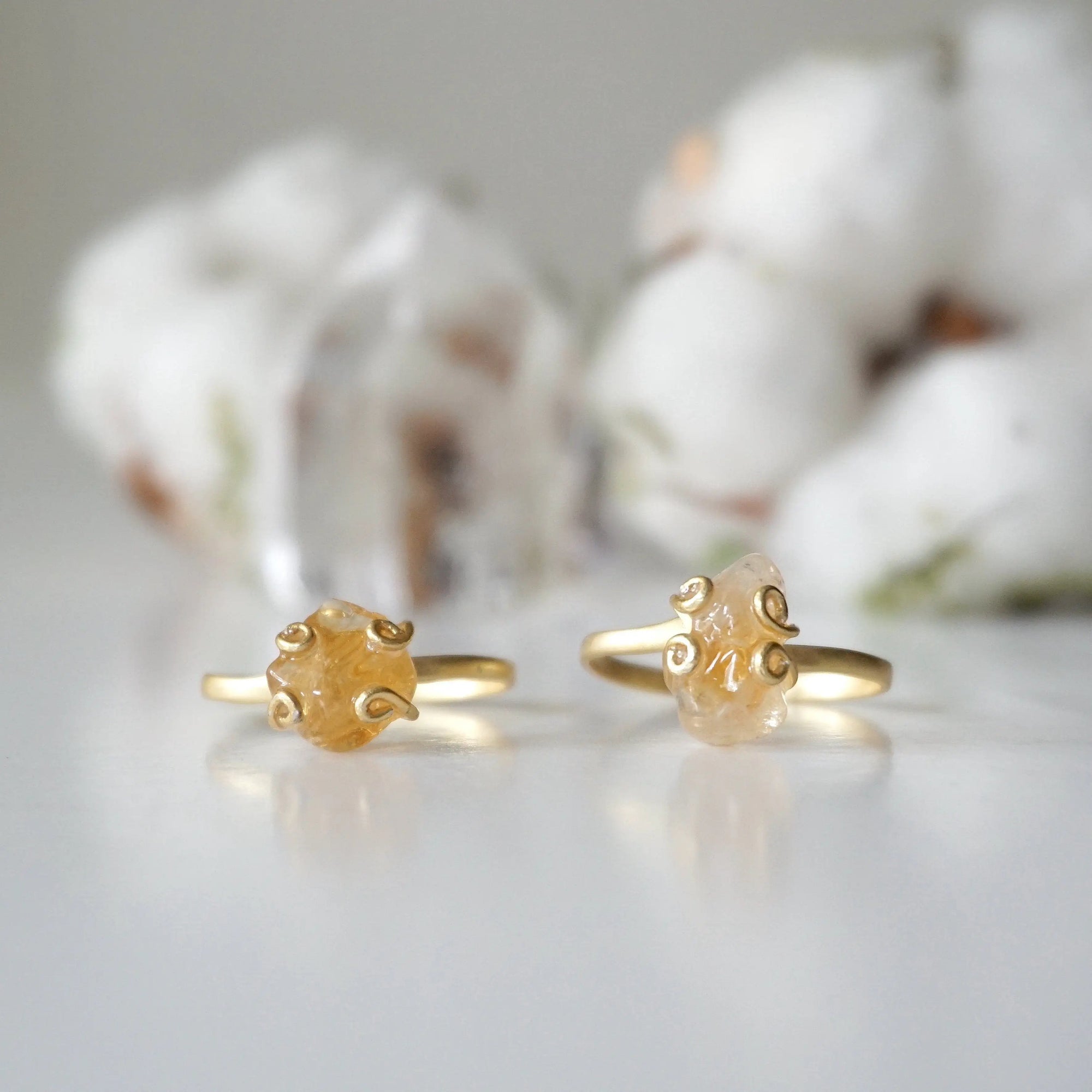 Two adjustable citrine rings 14k gold vermeil showing natural variation - different crystal colors sizes shapes wire wrapped handmade unique one of a kind