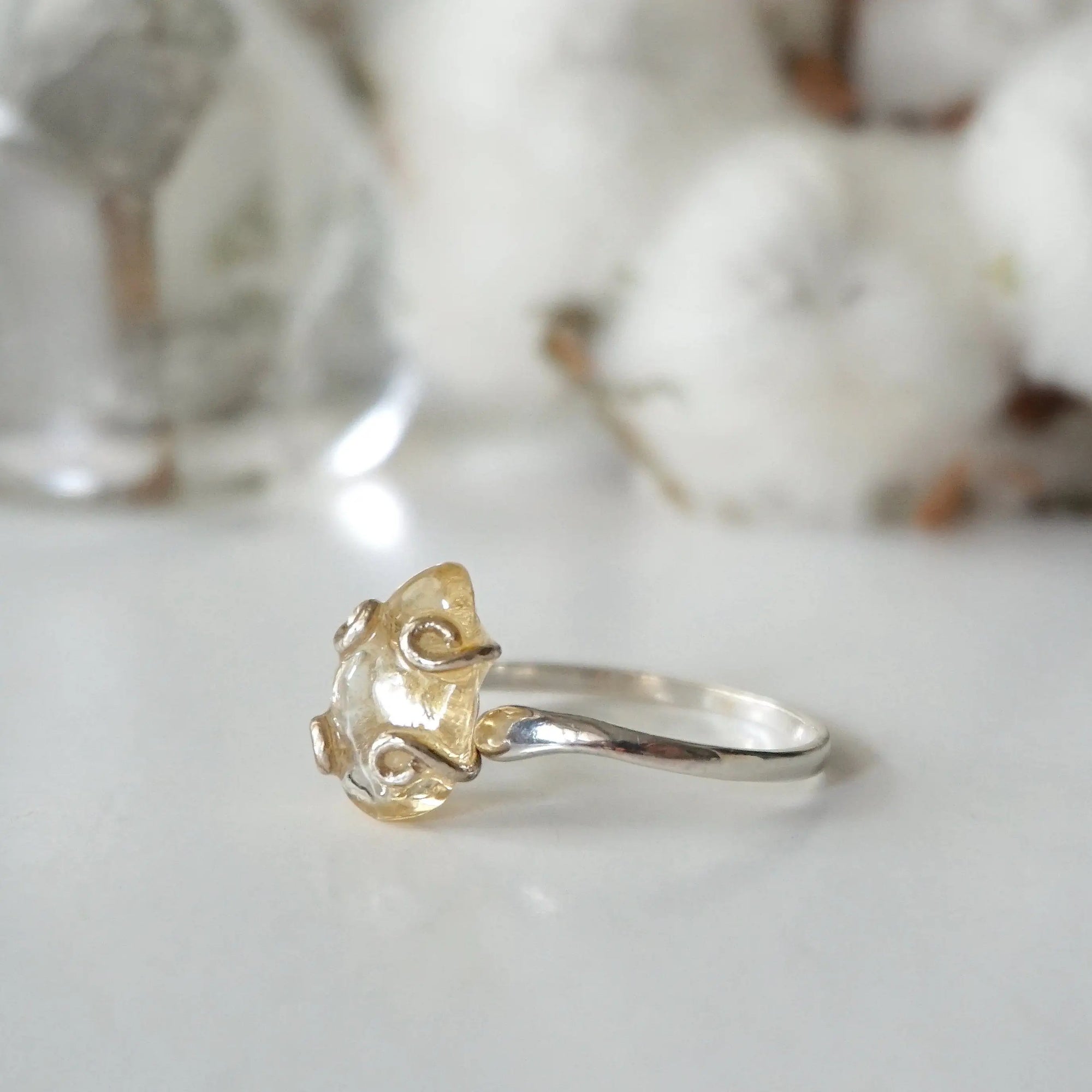 Adjustable citrine ring sterling silver 925 angle view - natural crystal wire wrapped handmade ring for women showing adjustable band November birthstone