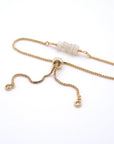 Gold plated brass slider closure on adjustable moonstone bracelet showing easy fit mechanism - handcrafted birthstone jewelry