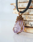 Left side detail of mens amethyst pendant — intricate bronze copper finish wire weaving technique, nickel-free wire, handcrafted artisan wire wrapped jewelry, Designs by Nature Gems