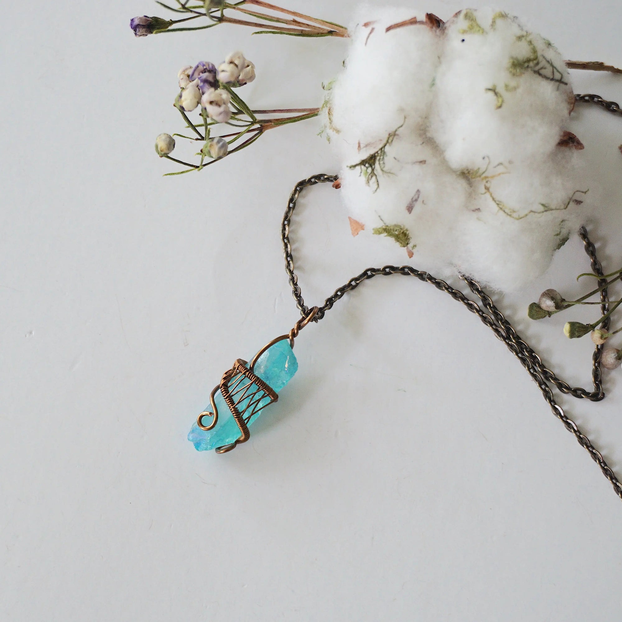 Aqua Aura Quartz Rock Crystal Point Necklace - Antique Bronze DesignsbyNatureGems