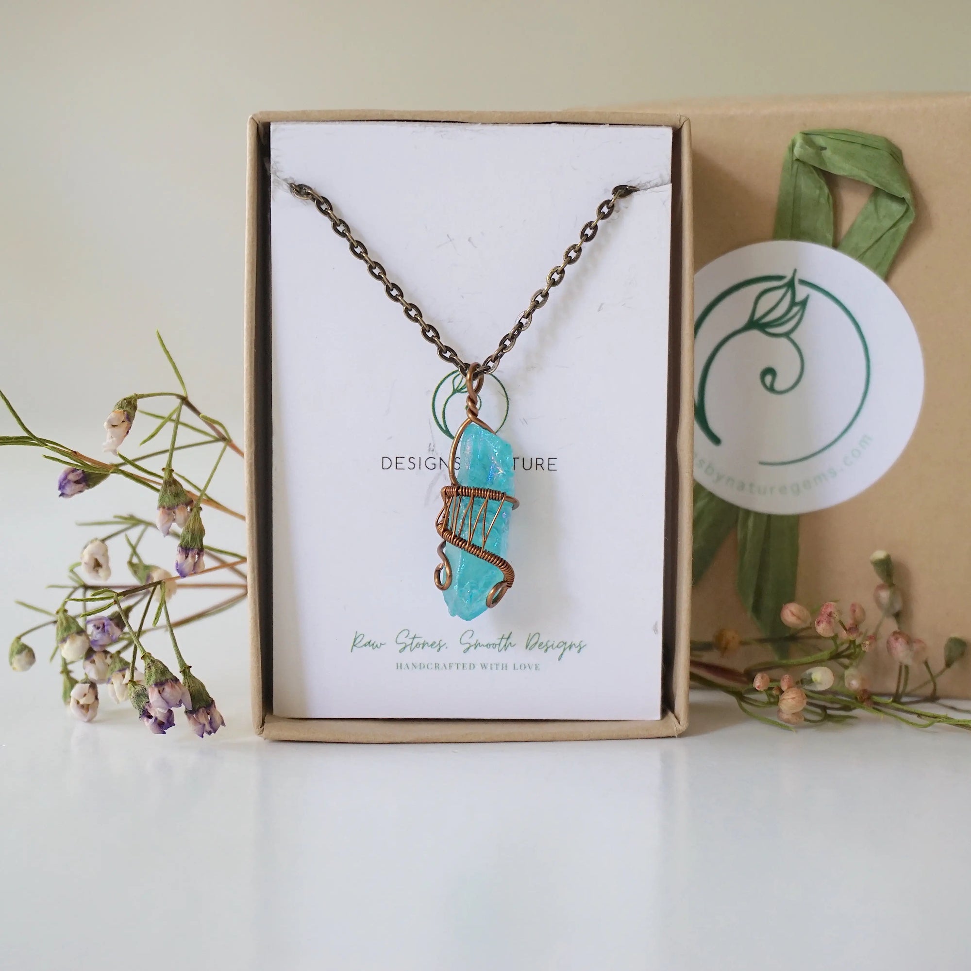 Aqua Aura Quartz Rock Crystal Point Necklace - Antique Bronze DesignsbyNatureGems