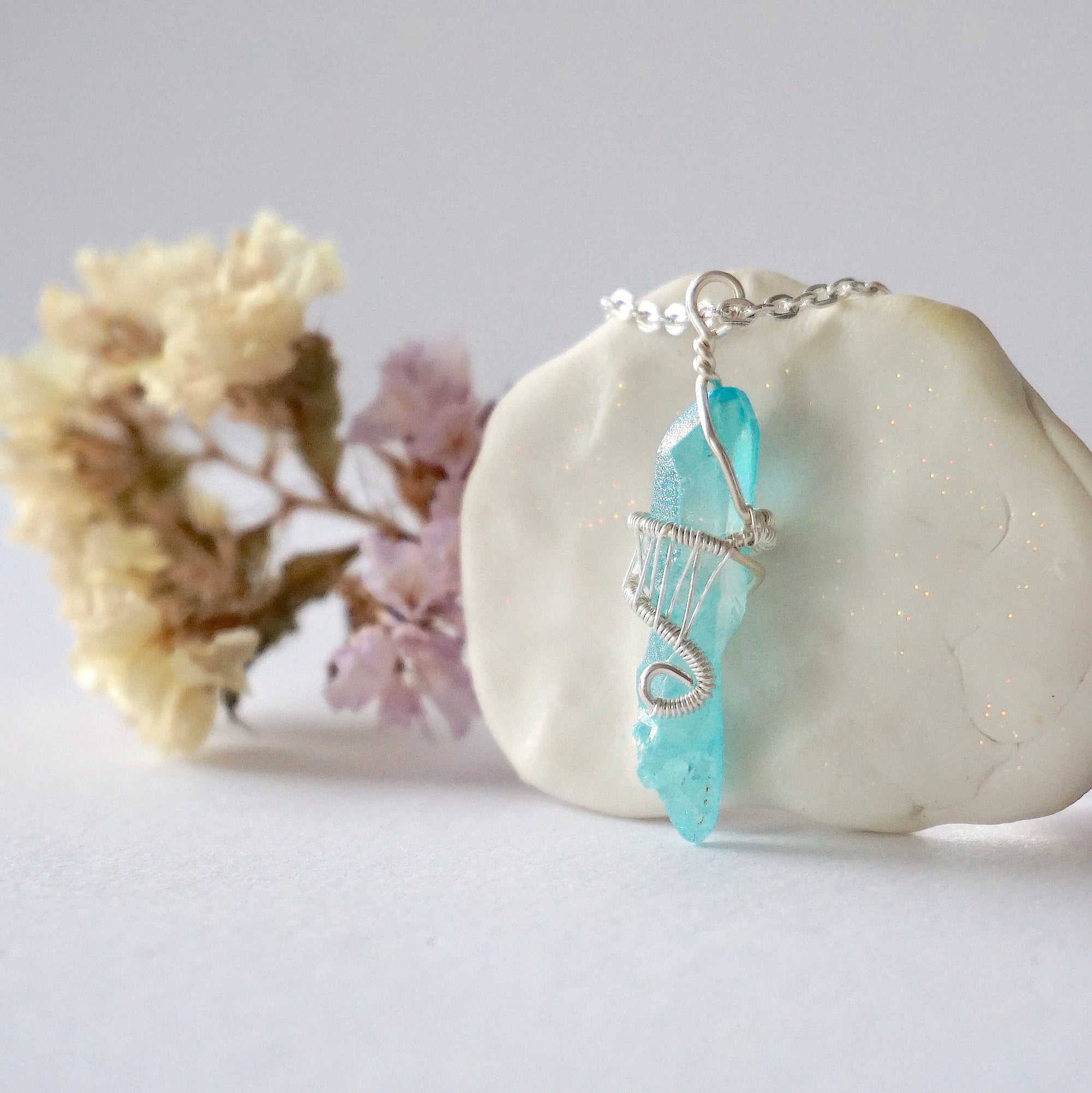 Aqua Aura Quartz Rock Crystal Point Necklace - Bright Silver DesignsbyNatureGems