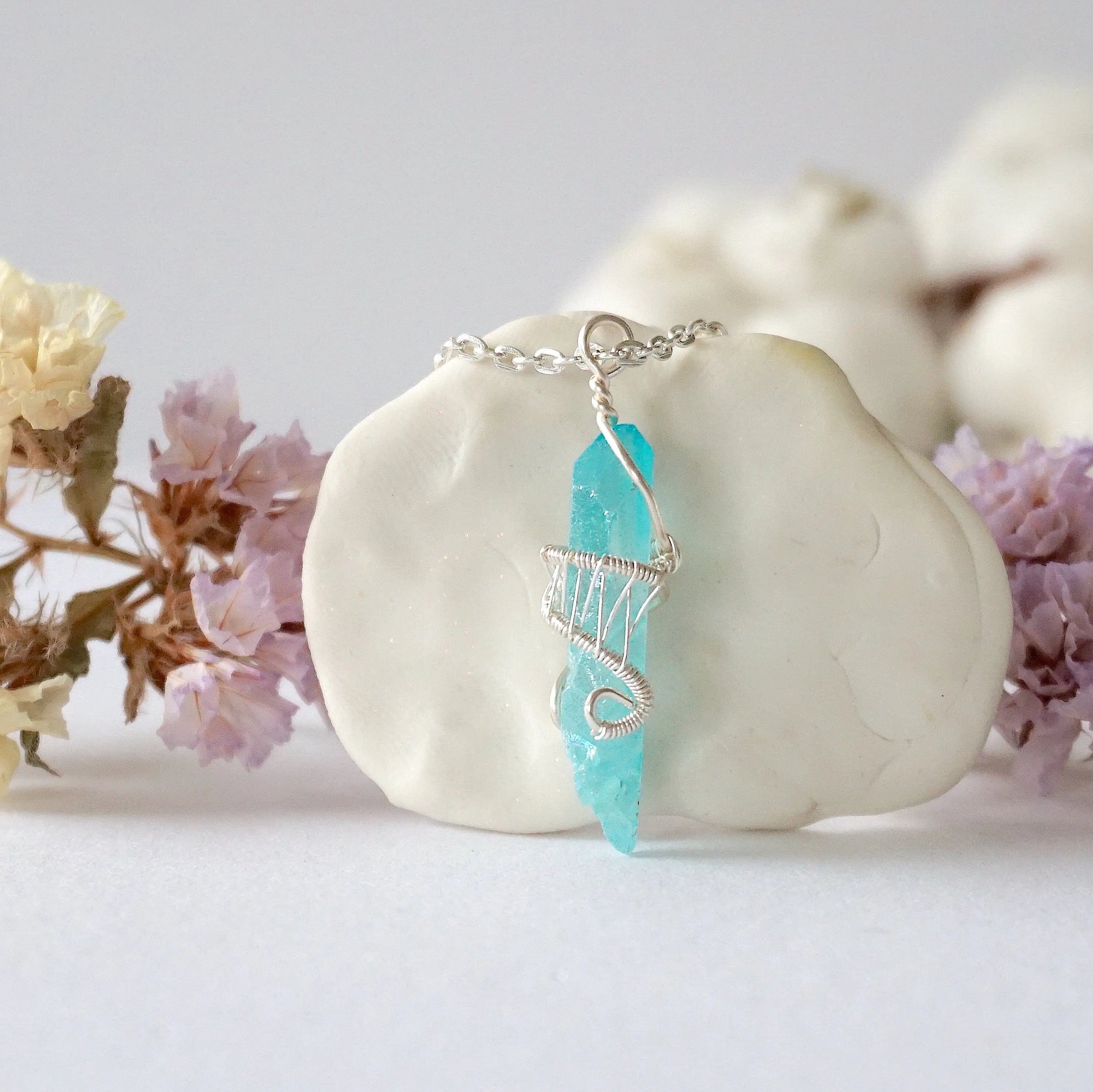Aqua Aura Quartz Rock Crystal Point Necklace - Bright Silver DesignsbyNatureGems