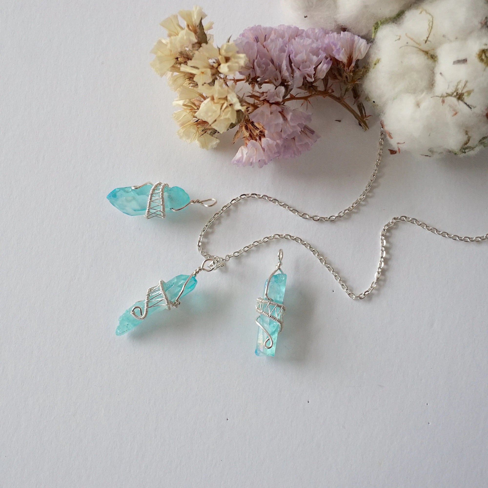 Aqua Aura Quartz Rock Crystal Point Necklace - Bright Silver DesignsbyNatureGems