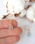 Aquamarine drop earrings in a hand for size reference, genuine faceted aquamarine, 14k gold filled, artisan crafted
