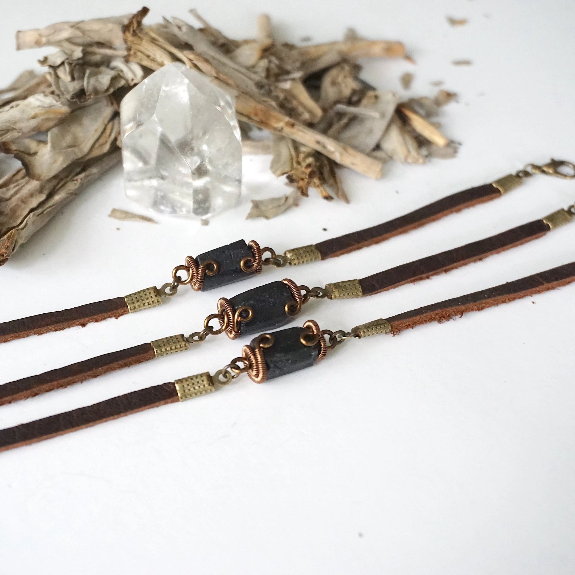 Black Tourmaline Bracelet in Brown Leather Cord Designs by Nature Gems