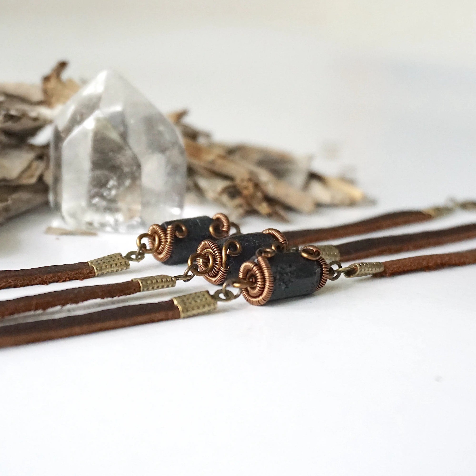 Black Tourmaline Bracelet in Brown Leather Cord Designs by Nature Gems