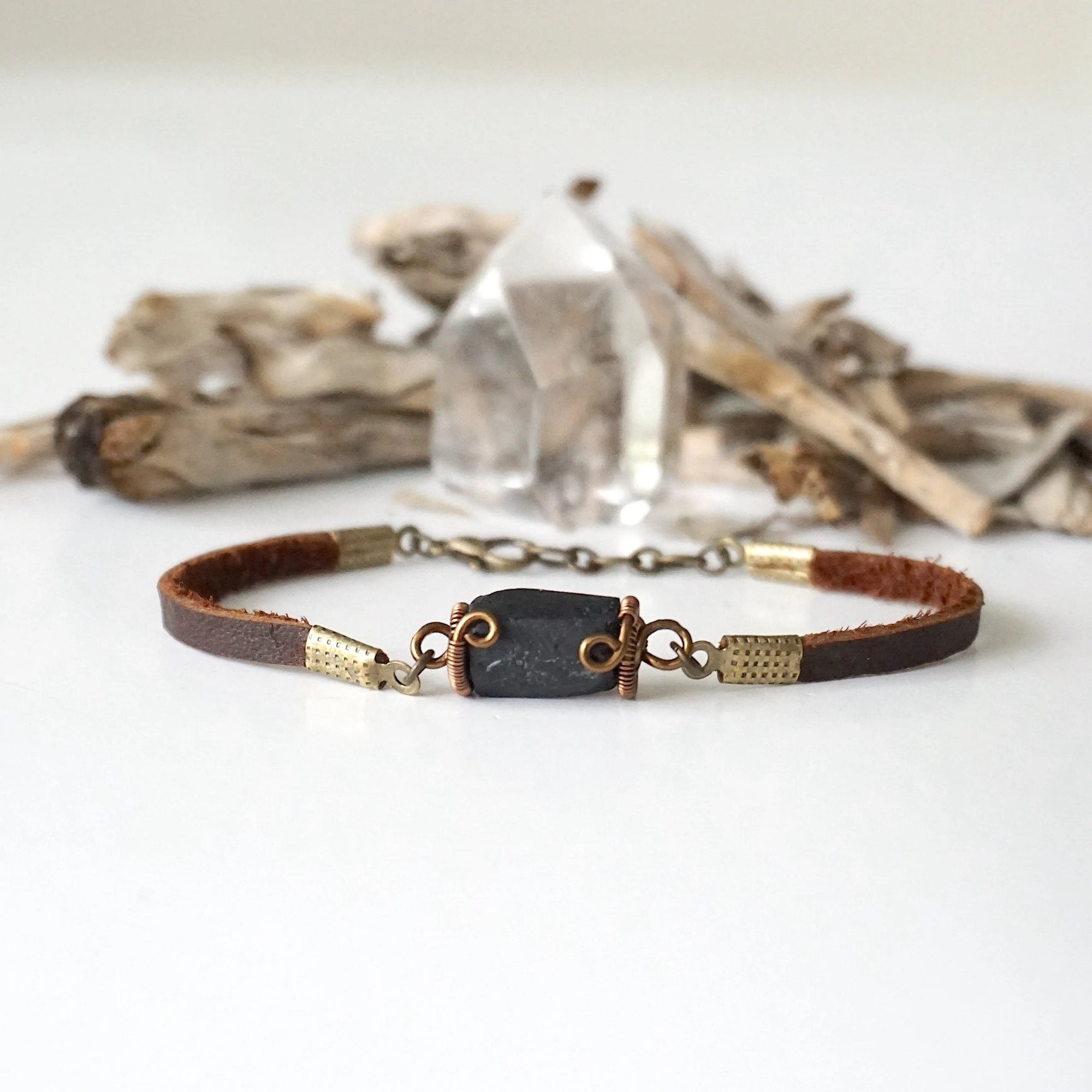 Black Tourmaline Bracelet in Brown Leather Cord Designs by Nature Gems