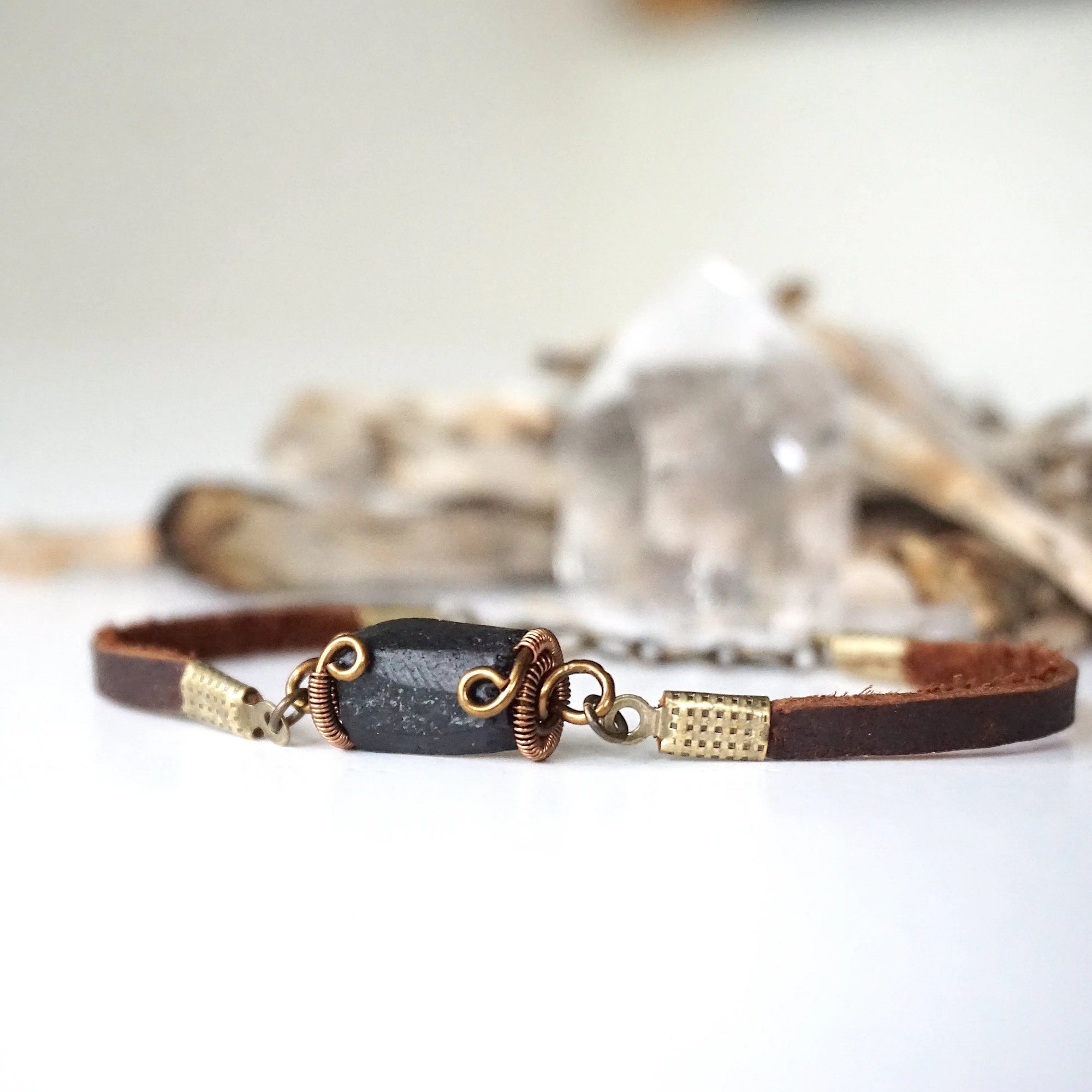 Black Tourmaline Bracelet in Brown Leather Cord Designs by Nature Gems