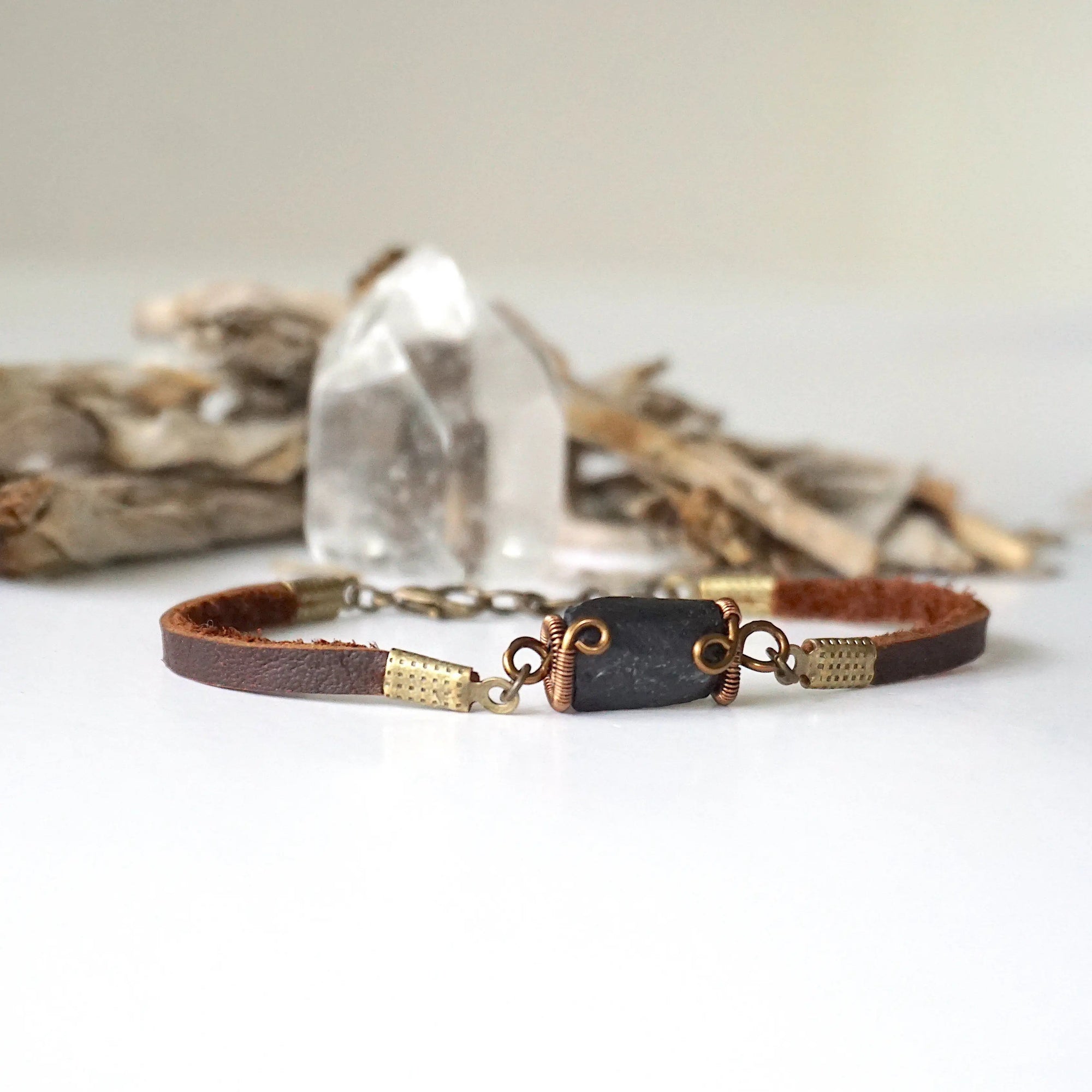 Black Tourmaline Bracelet in Brown Leather Cord Designs by Nature Gems