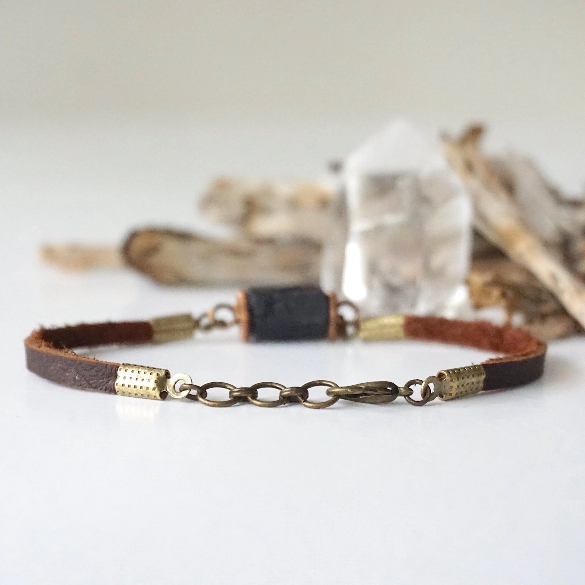 Black Tourmaline Bracelet in Brown Leather Cord Designs by Nature Gems