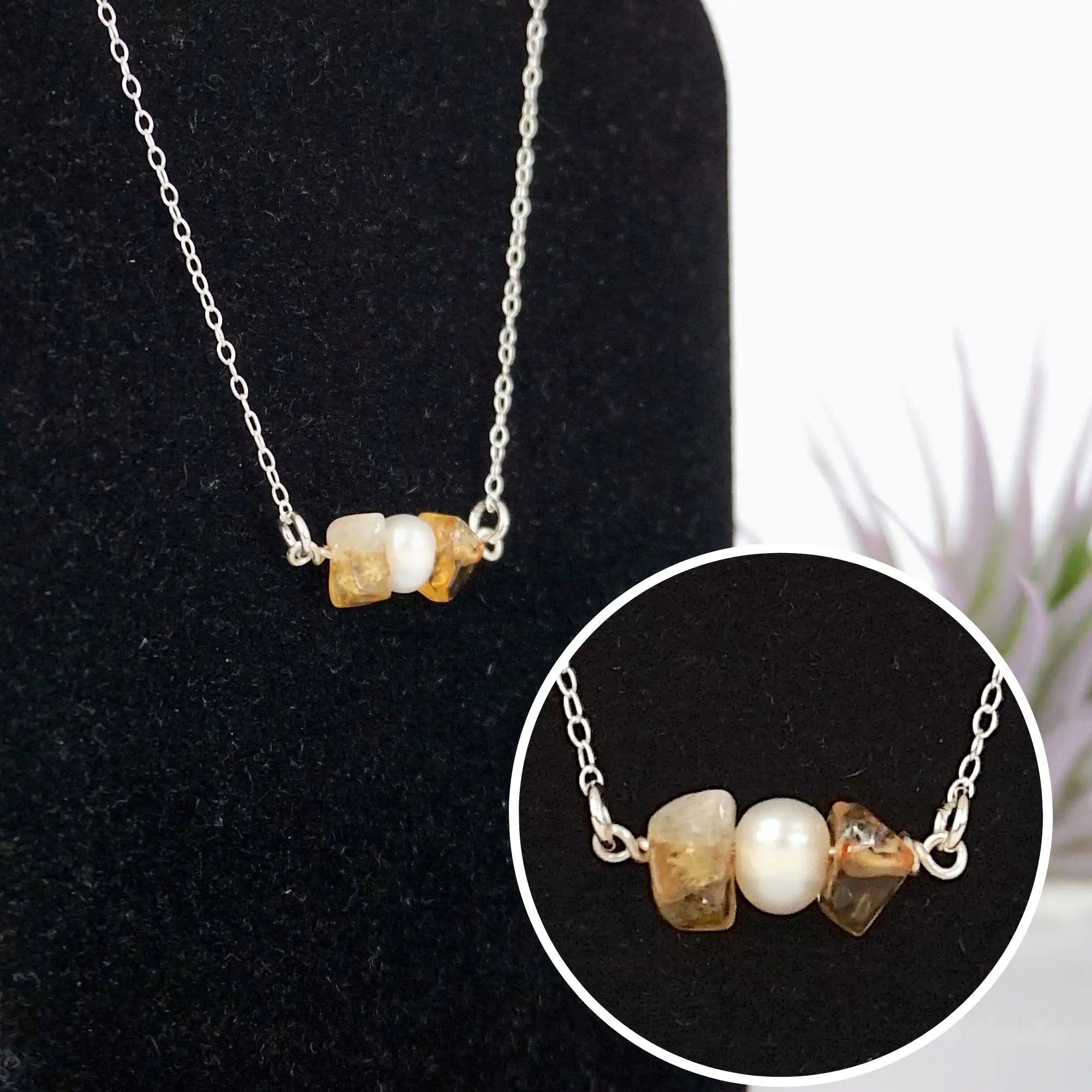 Close up of citrine and pearl bar pendant showing natural crystal and freshwater pearl wire wrapped in sterling silver 925 - handmade horizontal bar necklace detail