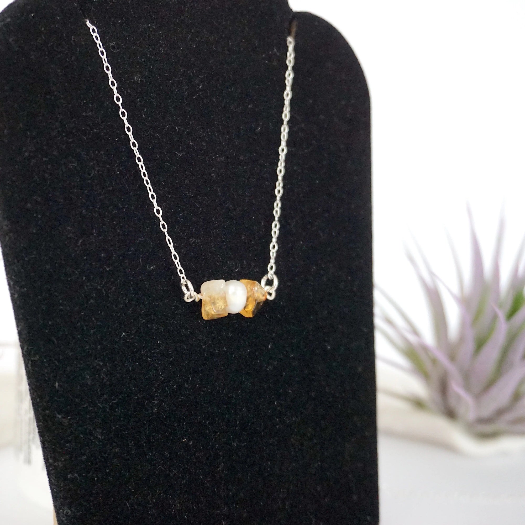 Zoomed right side view of citrine pearl bar pendant showing wire wrapping detail and gemstone arrangement - sterling silver 925 handmade horizontal bar necklace closeup