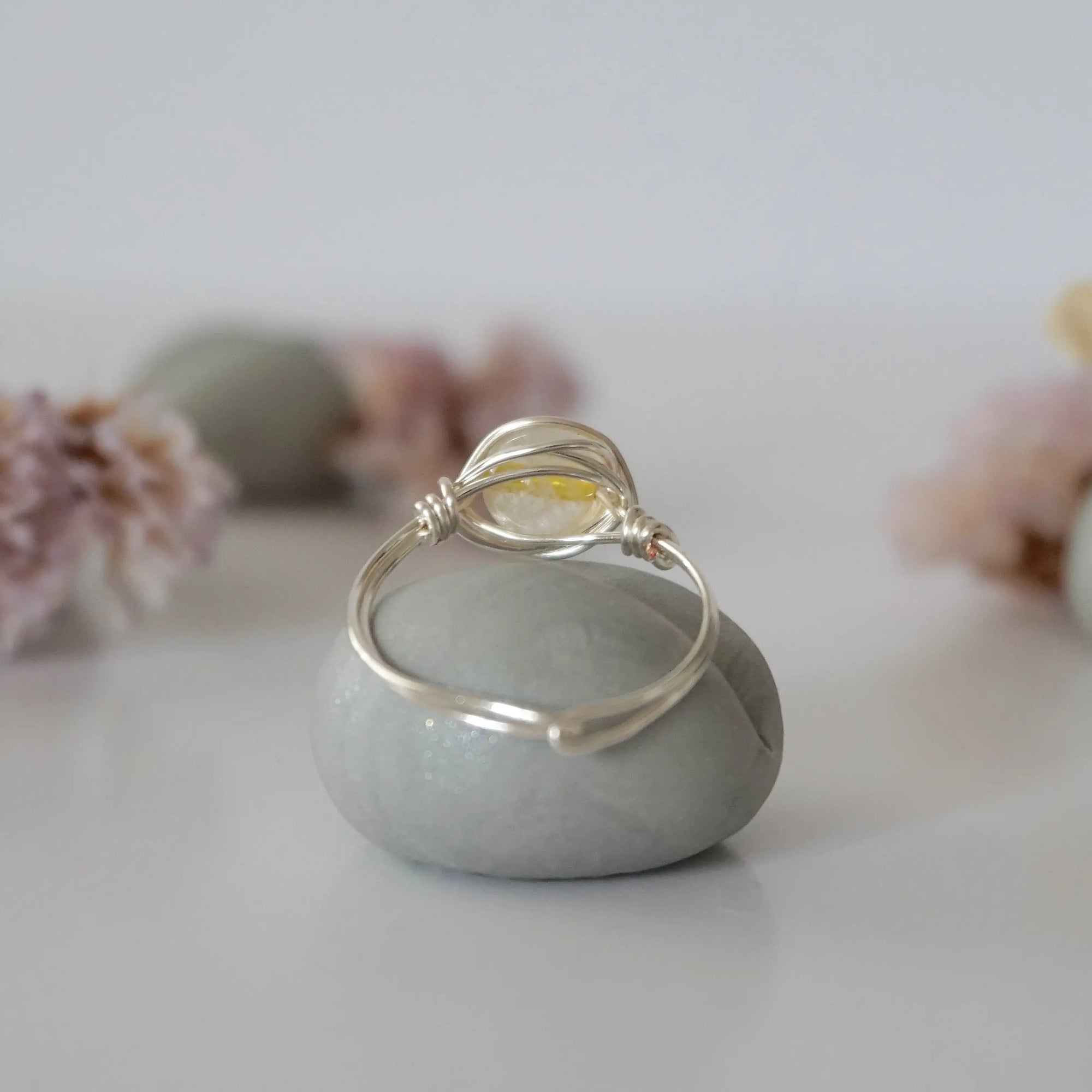 Back view of wire wrapped silver citrine ring showing artisan craftsmanship and metal wire detail - simple handmade crystal ring back side
