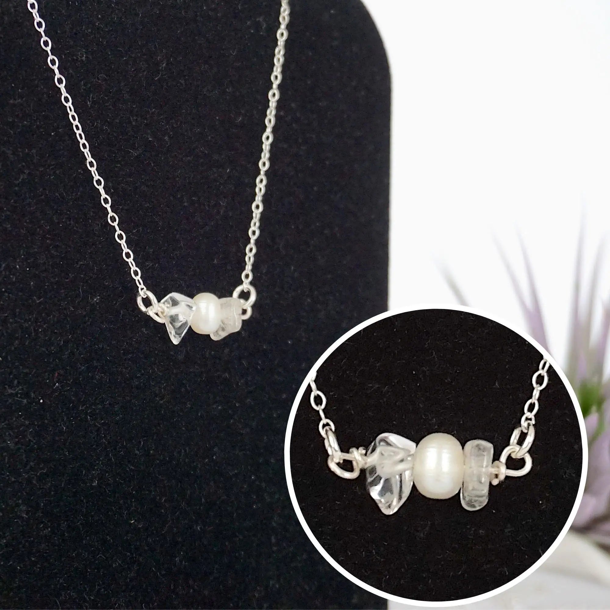Close-up of raw clear quartz stones and freshwater pearl bar on 925 sterling silver necklace
