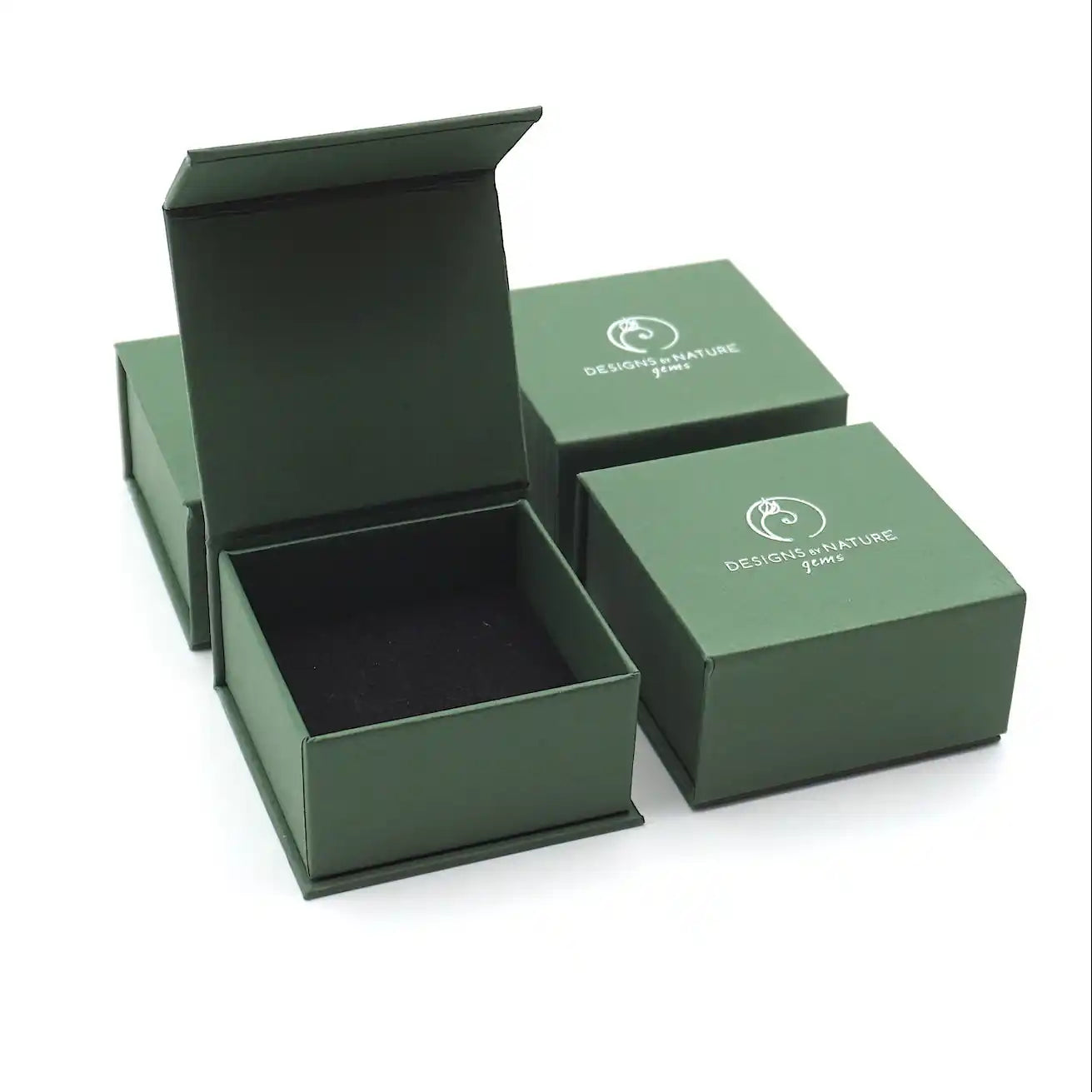 Designs by Nature Gems jewelry box packaging for wire wrapped emerald ring for men in antiqued sterling silver