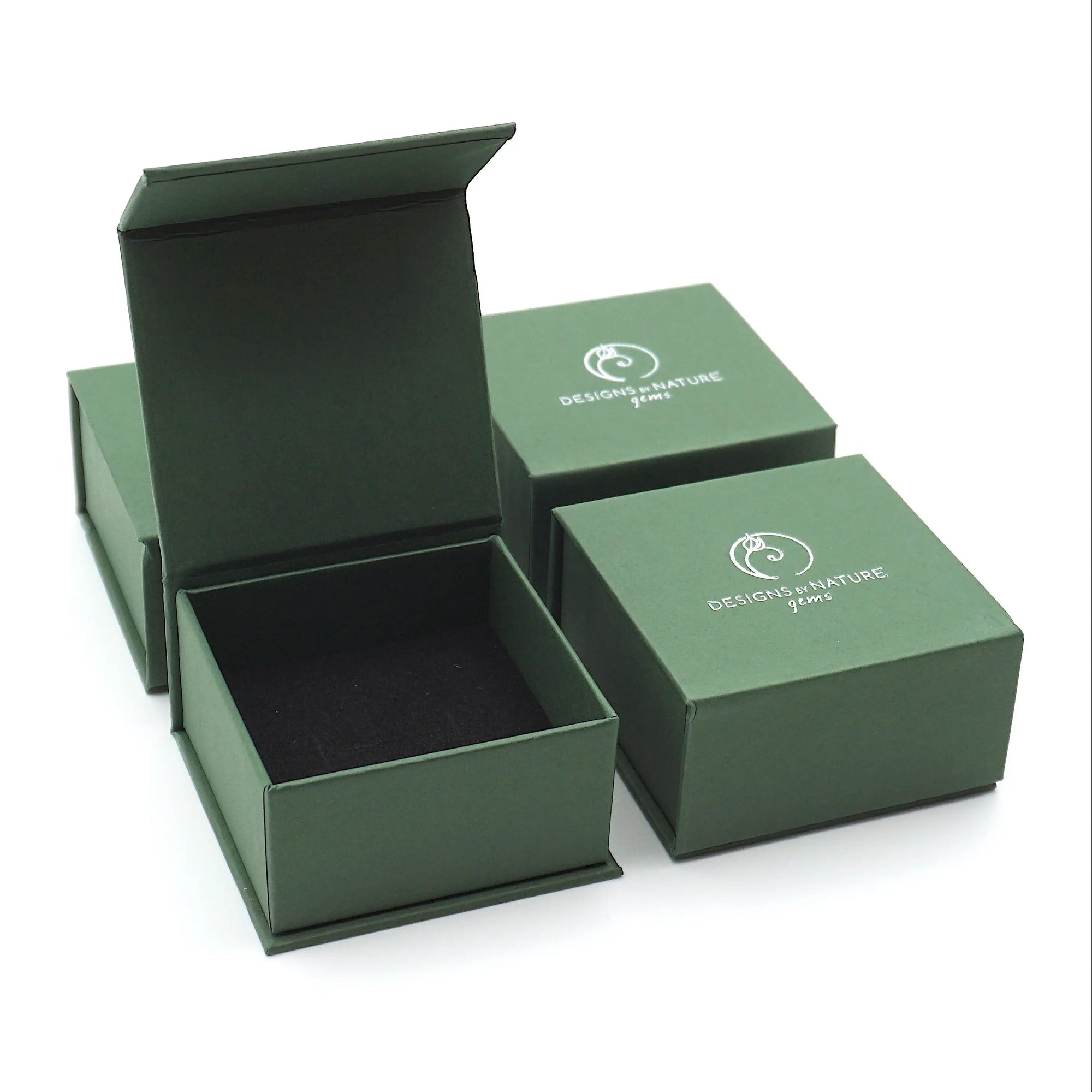 Designs by Nature Gems jewelry box packaging for handcrafted emerald moon necklace for women