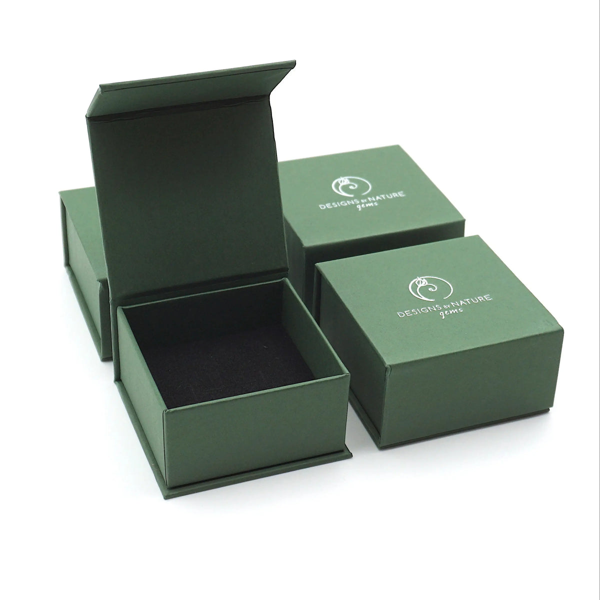 Branded Designs by Nature Gems jewelry box packaging for minimalist emerald necklace in sterling silver.