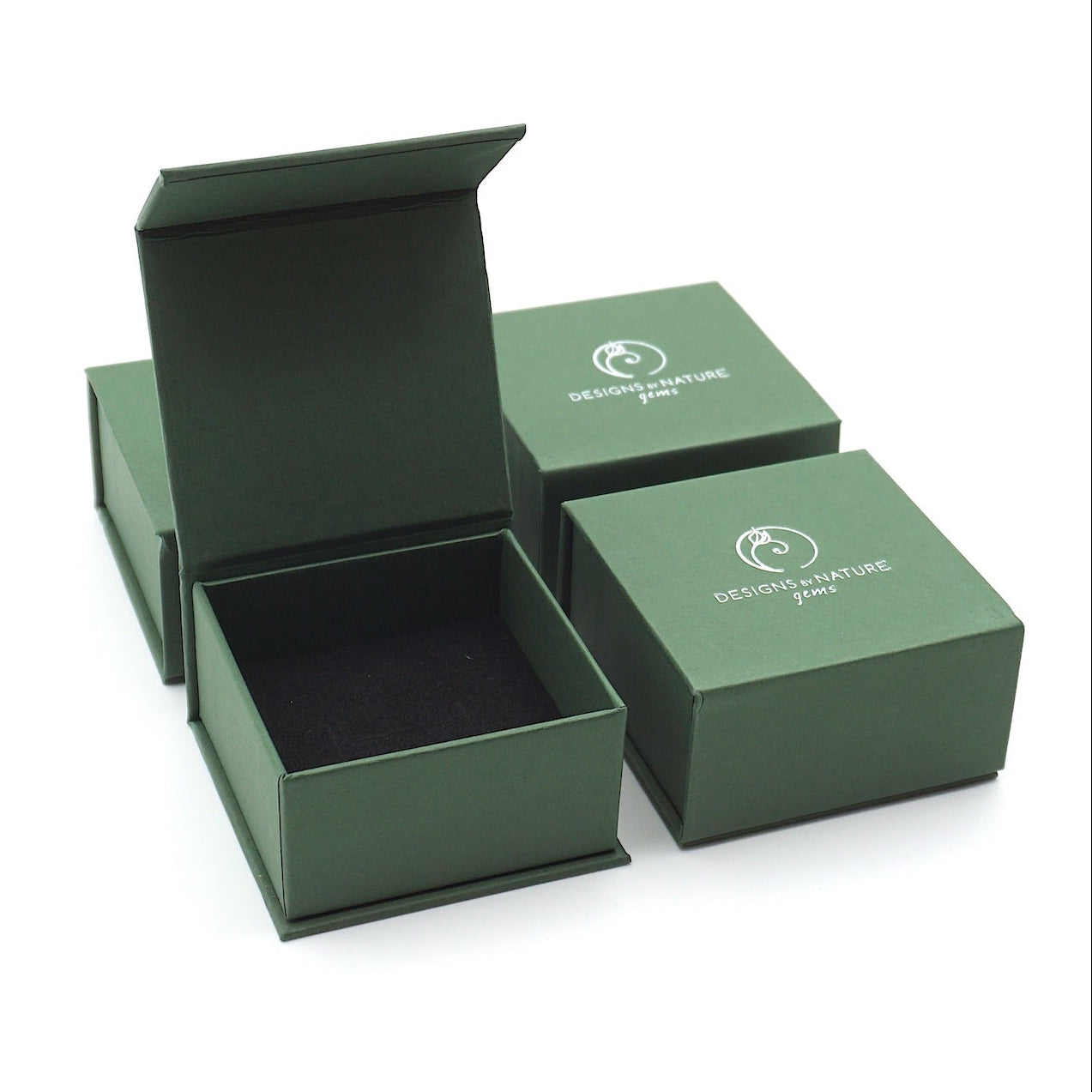 Designs by Nature Gems branded jewelry box packaging for minimalist rainbow moonstone necklace, ready for gifting.