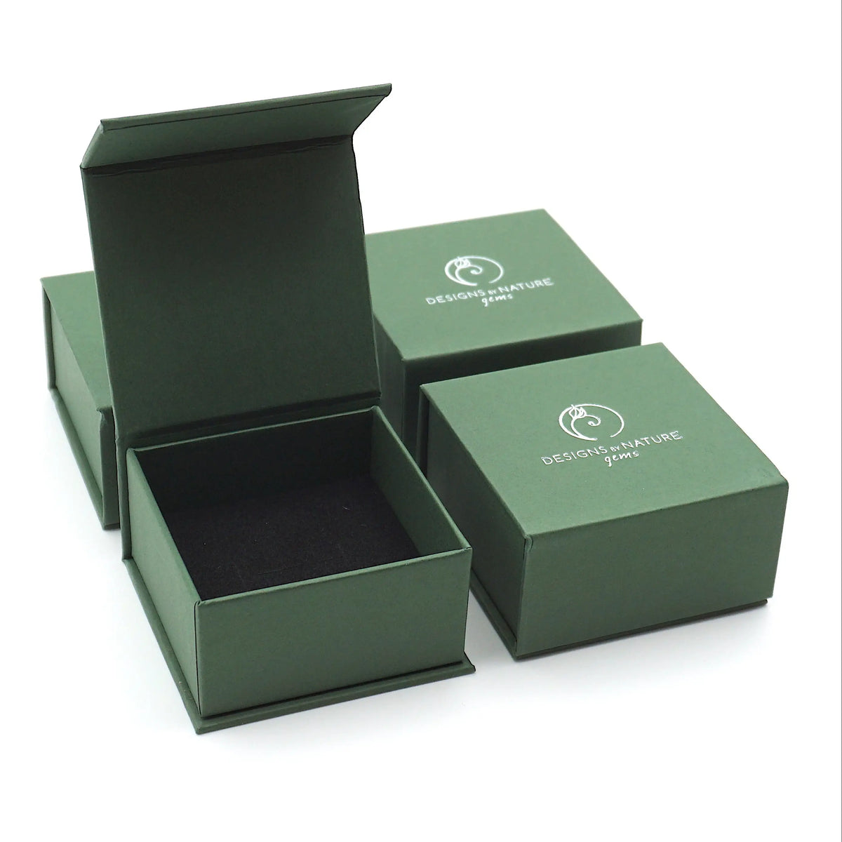 Designs by Nature Gems branded jewelry box packaging for minimalist raw amethyst sterling silver necklace