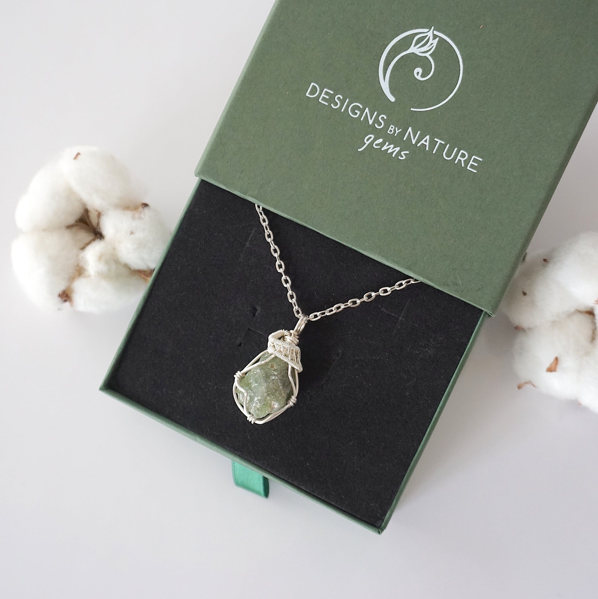 Designs by Nature Gems branded jewelry gift box — raw peridot silver chain necklace arrives in signature packaging, ready to gift, August birthstone gift for women