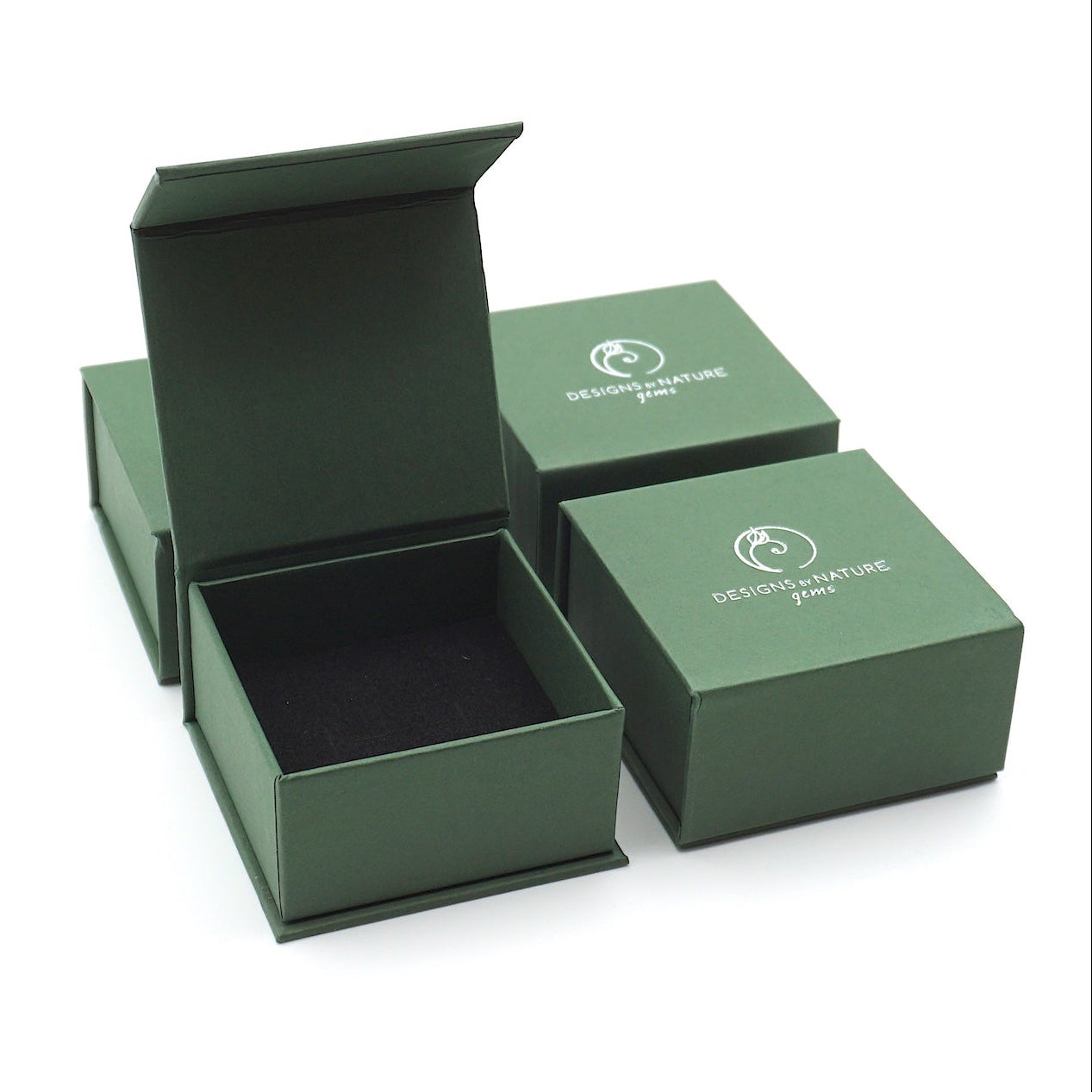 Designs by Nature Gems branded jewelry box packaging for rainbow moonstone moon necklace, ready for gifting.