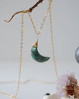 Emerald moon necklace for women with natural faceted emerald crescent pendant in 14k gold filled, detailed front view