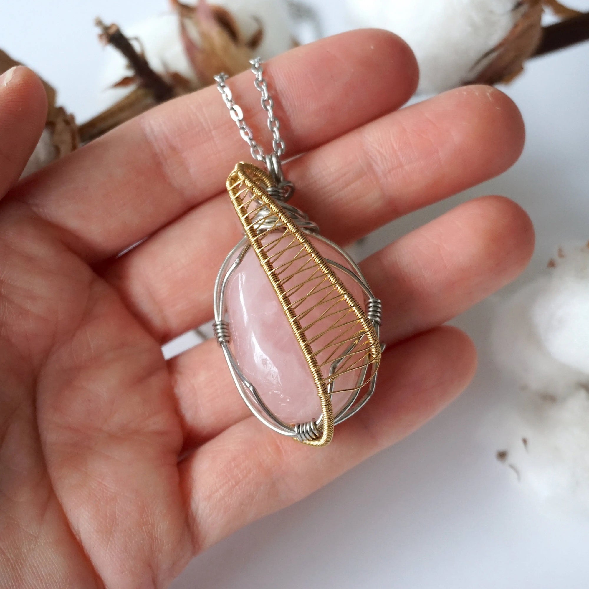 Gold Rose Quartz Crystal Necklace - White Gold/Gold Plated DesignsbyNatureGems
