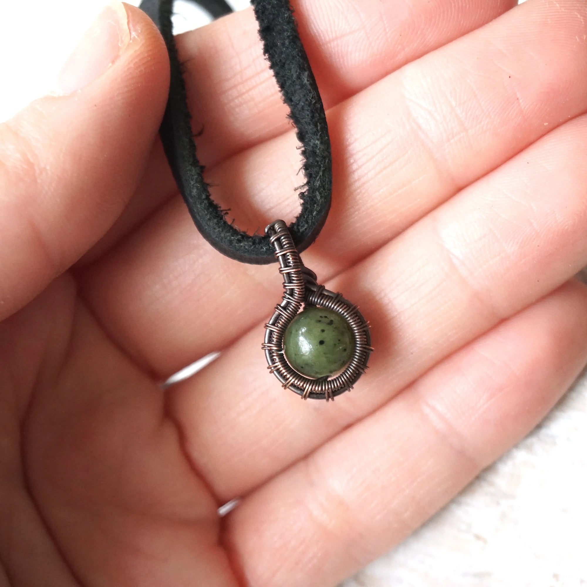 Green Jade Charm Necklace - Antiqued Copper Designs by Nature Gems